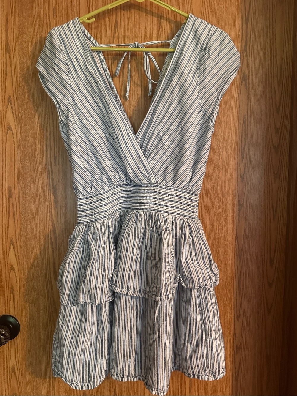 American Eagle Outfitters Blue and White Striped Tiered V-Neck Mini Dress